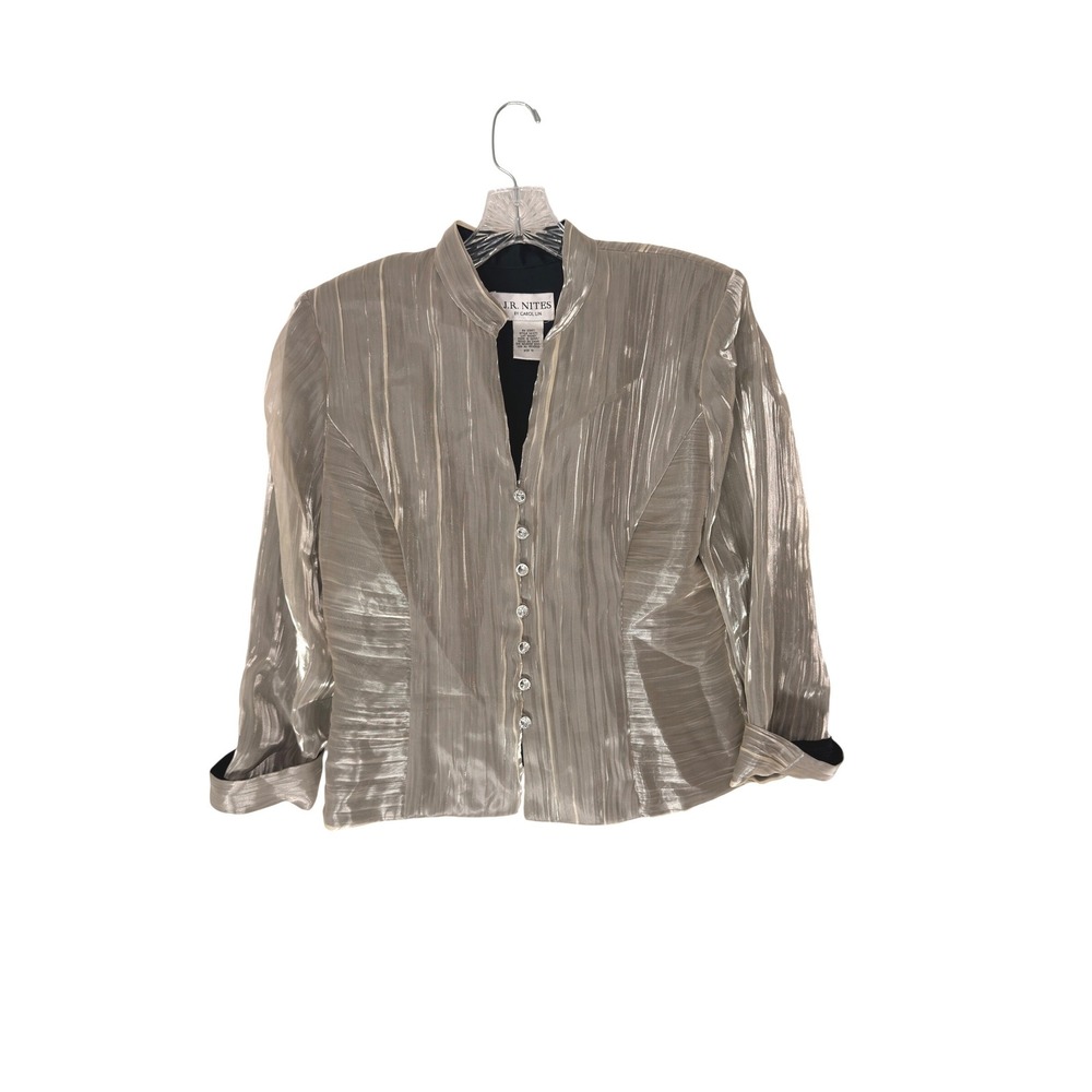 J.R. Nites‎ Silver Metallic Pleated Evening Jacket Event Rhinestone Button 10